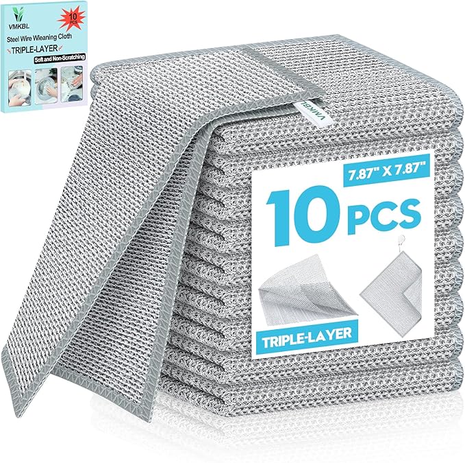 10 Pcs New Upgraded 3 Layers Non Scratch Wire Dishcloth, Multipurpose Wire Dishwashing Rags, Wet & Dry for Cookware, Sinks, Dishes, Stoves & Fireplaces 7.87“ x 7.87”
