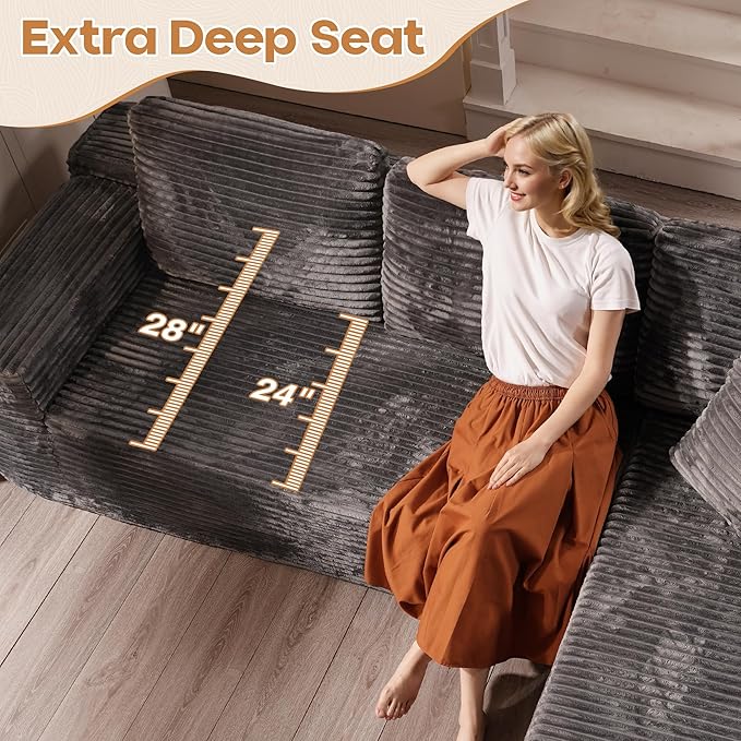 Cloud Sectional Couches for Living Room,G Shaped Modular Sofas No Assembly,135x133 Inches Plush Corduroy Oversized Floor Couch Set with Deep Seat Chaise,Grey