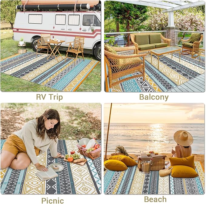 GAOMON Outdoor Plastic Straw Rug, 10'x14' Reversible Sage Green Patio Mat, Flower Modern Design for RV, Backyard, Deck, Camping, Picnic, Teal/Yellow(Bohemia)