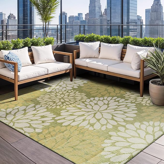 Beverly Rug Outdoor Rug 9x12 Modern Exotic Tropical Leaf Area Rugs for Indoor and Outdoor Patio Deck Porch Garden Water Resistant Washable Outside Carpet (9 x 12 Green)