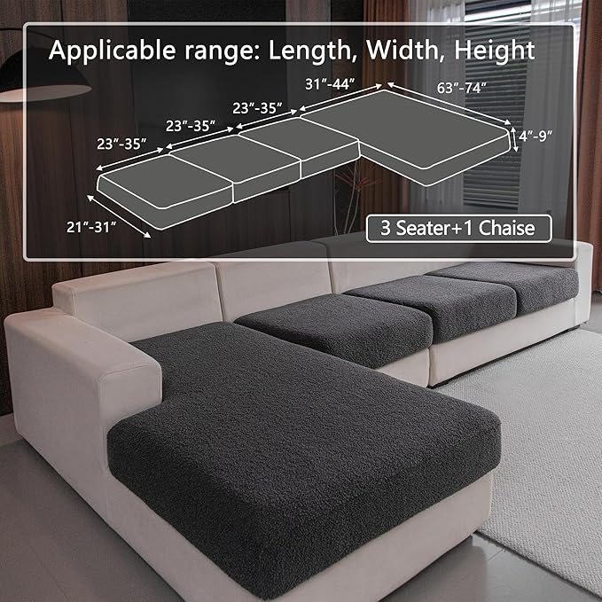 Couch Cushion Covers for Sectional Sofa, Stretch Soft Sofa Slipcovers Washable Wear-Resistant Universal Furniture Protector for Living Room(3 Seaters Covers+1 Chaise Cover, Dark Gray)