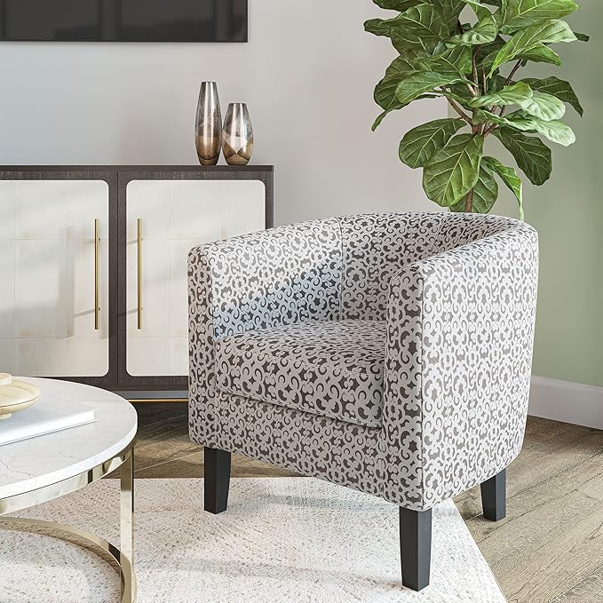 BELLEZE Accent Barrel Chair, Linen Round Chair Club Tub Sofa Corner Chair with Flared Legs and Cozy Soft Padding for Living Room Bedroom Waiting Room - White & Brown