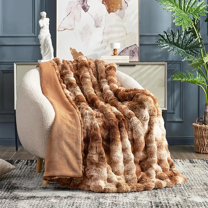 Cozy Bliss Faux Fur Throw Blanket for Couch, Fuzzy Soft Plush Thick Bubble Blanket for Sofa Bedroom Living Room, 50 * 60 Inches Tie Dye Brown