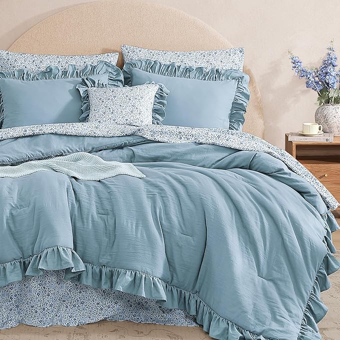 Full Comforter Set - 7 Pieces Ruffle Blue Bedding Sets, Shabby Chic Farmhouse Bed in a Bag Full with Ruffle Comforter, Floral Sheets, Pillowcases & Shams