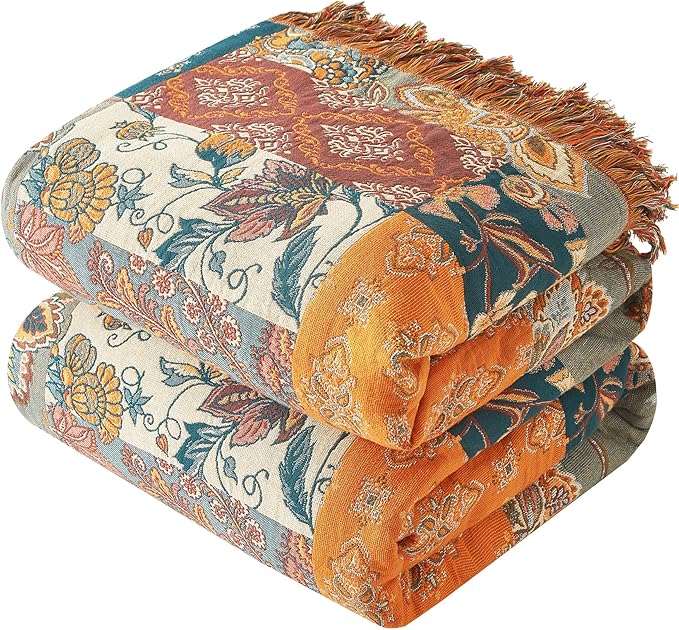 Boho Throw Blanket for Couch Sofa Bed, 100% Cotton Woven Quilt with Tassel 60”x80”, Super Soft Muslin Blanket with Floral Printed, Decorative Reversible Bed Blanket/Cover for All Seasons