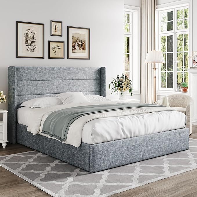 Allewie Full Size Lift Up Storage Bed, Modern Wingback Headboard, Hydraulic Support, No Box Spring Needed, Grey Blue