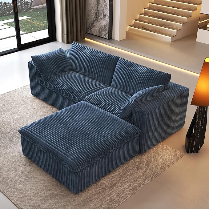 78.74" L Shaped Modern Sofa Modular Sectional Cloud Couch with Ottoman,Upholstered Couches with Plush Corduroy Fabric for Living Room Furniture,Bedroom and Apartment,No Assembly Required,Blue