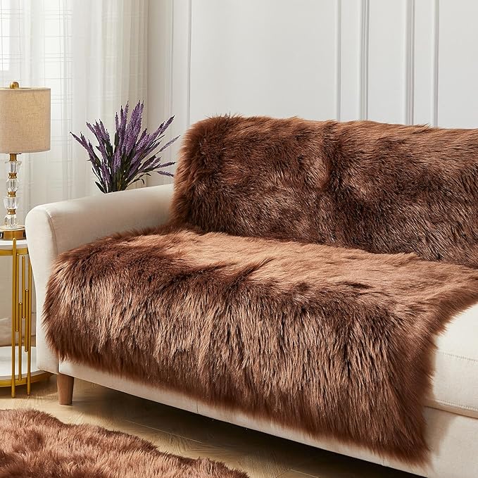 AMTOVO Faux Fur Sheepskin Rug for Living Room, 4 x 6 ft Coffee Fluffy Area Rug for Bedroom, Playroom, Luxury Room Decor, Rectangle