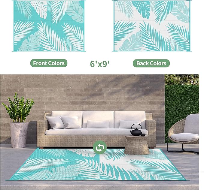 GENIMO Outdoor Rug 6' x 9' Waterproof for Patios Clearance, Reversible Outdoor Plastic Straw Camping Rug Carpet, Large Area Rugs Mats for RV, Camper, Deck, Balcony, Porch, Beach, Aqua Blue&White