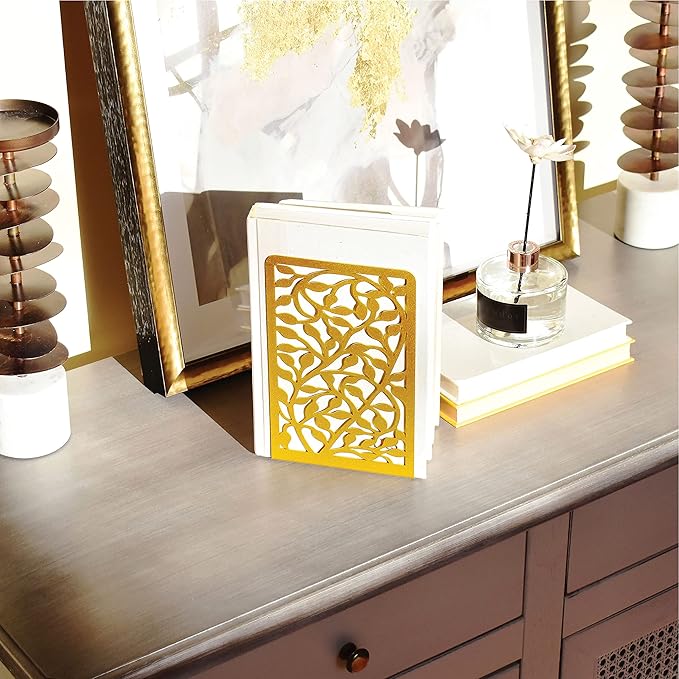 CNK Book Ends Bookends for Decorative Books Holder Bookend Shelves End Hold Heavy Duty Holders Stoppers Metal Stopper Cute Boho Bookshelf Holds Cookbook Office Home Set of 2 Bookends Pair Gold