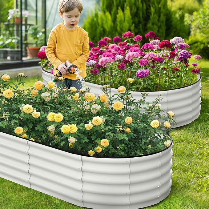 2 Pcs 6x3x2ft Oval Raised Garden Bed, Galvanized Raised Beds,Open-Ended Base Metal Raised Planter Beds,Garden Bed Outdoor,Planter Raised Boxes for Vegetables, Flowers,Tool-Free Asse,White