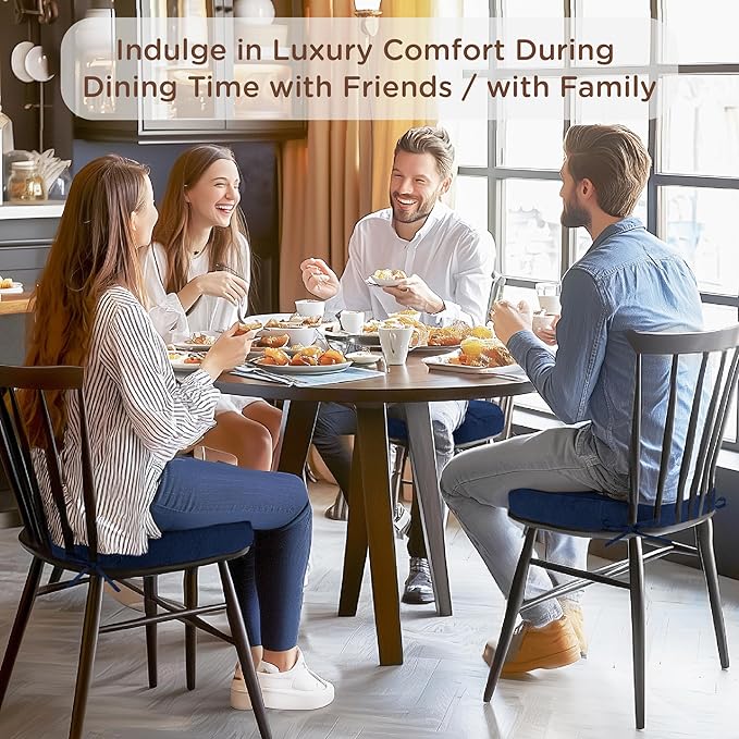 Codi Thick Kitchen Chair Cushions, Chair Pads for Indoor Dining Room 4 Pack - Washable, Non-Slip 3-Layer Seat Cushion with Ties, 16.5"x16.5"x 3.5", Set of 4, Navy