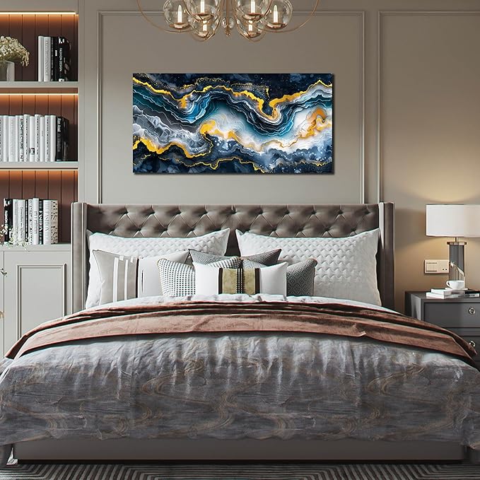 GUGIKA Abstract Wall Art for Living Room, Gold Black and Blue Canvas Wall-Art for Bedroom, Ocean Landscape Print Paintings, Size 40x20 Inches