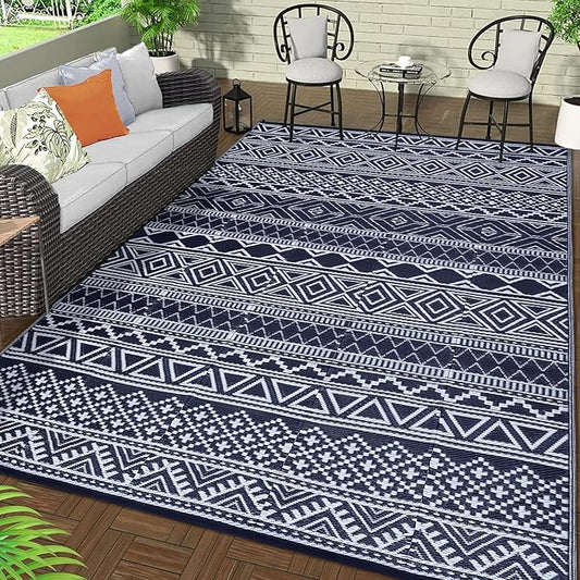 GAOMON Outdoor Rug 9'x12' Waterproof Rug for Patio Decor, Foldable Reversible Plastic Straw Area Rugs Mat for Camper, Outside Carpet for Deck, Porch, Picnic, Beach, Dark Blue/White(Bohemia)