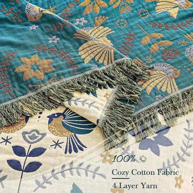 Boho Throw Blanket, 100% Cotton Ultra Soft Luxury Throw Rustic Quilt, 80"x90" Floral Printed Farmhouse Decor Bed Summer Blankets, All Season Rustic Reversible Bohemian Throw for Bed - Blue