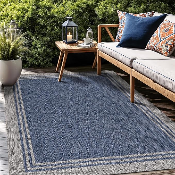 Bordered Outdoor Rug 10x14 Washable Outside Carpet for Indoor Patio Porch Waterproof Easy Cleaning Non Shedding Area Rugs Navy 10 x 14