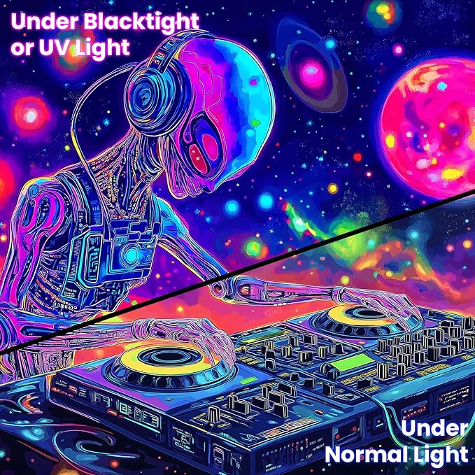 BVBOX Blacklight Space Alien Tapestry 79"x59", UV Reactive Glow in Dark DJ Alien Universe Galaxy Planet Music Tapestries, Black Light Neon Upright Poster Wall Hanging Backdrop Decor for Bedroom Living Room