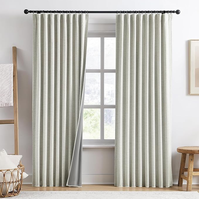 92 Inch Long Curtains 2 Panels,Back Tab Hook Belt with Hooks,Modern Neutral French Style Pleat Look Soundprof Linen Drop Cloth Traverse Blackout Curtains for Living Room 50W x 92L Natural Cream