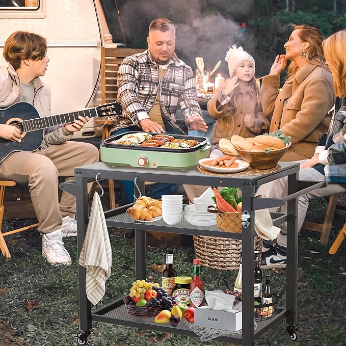 Domi 3-Shelf Outdoor Grill Table, Grill Cart Outdoor with Wheels, Pizza Oven and Food Prep Table, Blackstone with Propane Tank Hook, BBQ Stand for Blackstone Griddle for Outside BBQ