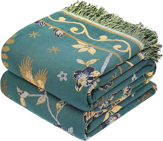 Boho 100% Organic Cotton Large Throw Blanket 50" x 60" - All Season Rustic Ultra Soft Breathable Floral Bird Blanket for Bed Sofa Couch Chair Bedspread Quilt Gift-Teal,Beige