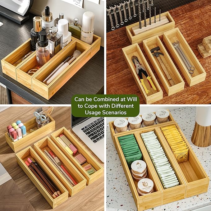 BAMEOS Silverware Organizer, Utensil Drawer Organizer, 4 Slots Kitchen Drawer Organizer, Bamboo Flatware Organizer for Drawer in Natural