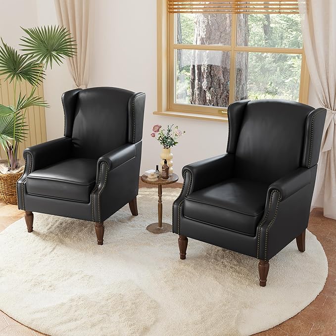 Accent Chairs, Faux Leather High Back Armchair Set of 2 or Living Room, Comfy Upholstered Single Sofa Reading Chairs with Solid Wood Legs for Office, Bedroom, Waiting Room-Black