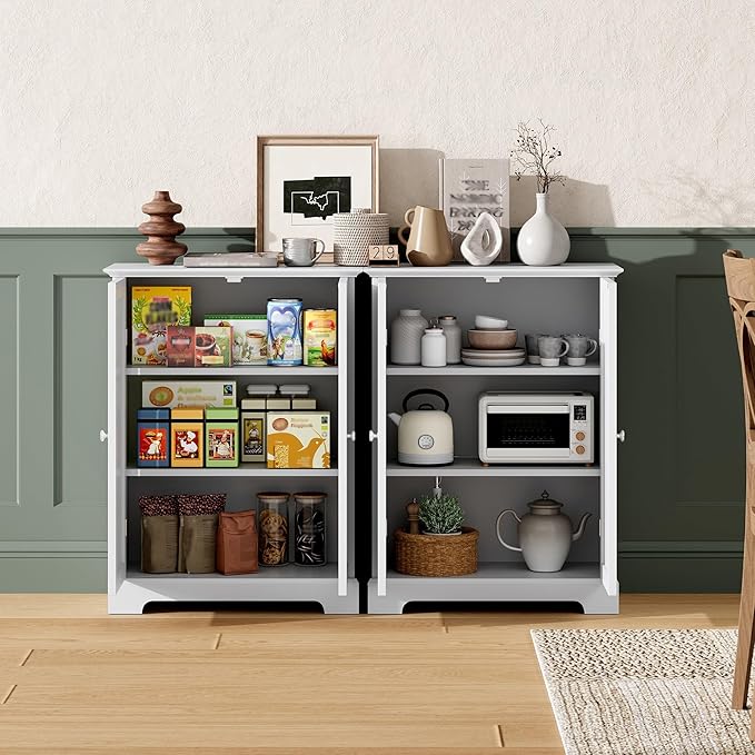 ChooChoo Bathroom Floor Cabinet, Modern Bathroom Storage Cabinet with 2 Doors and Adjustable Shelves, Freestanding Cupboard for Living Room, White