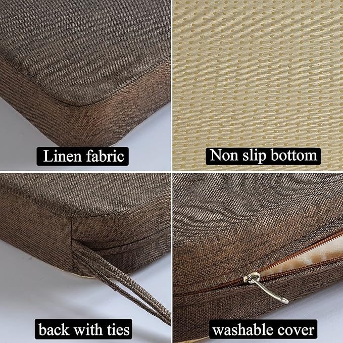 Chair Cushion for Dining Chairs with Ties 4 Pack Non Slip Memory Foam Kitchen Room Chair Pads 17x16 Inch, Brown