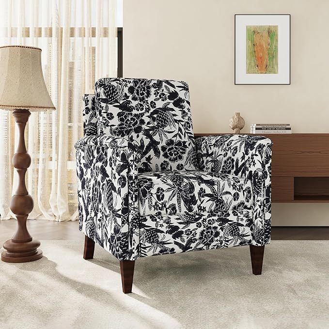 Floral Accent Chair Set of 2, High Back Upholstered Armchair with Solid Wooden Legs, Padded Armrest and Removable Comfortable Cushioned Seat Single Sofa for Living Room, Bedroom, Black