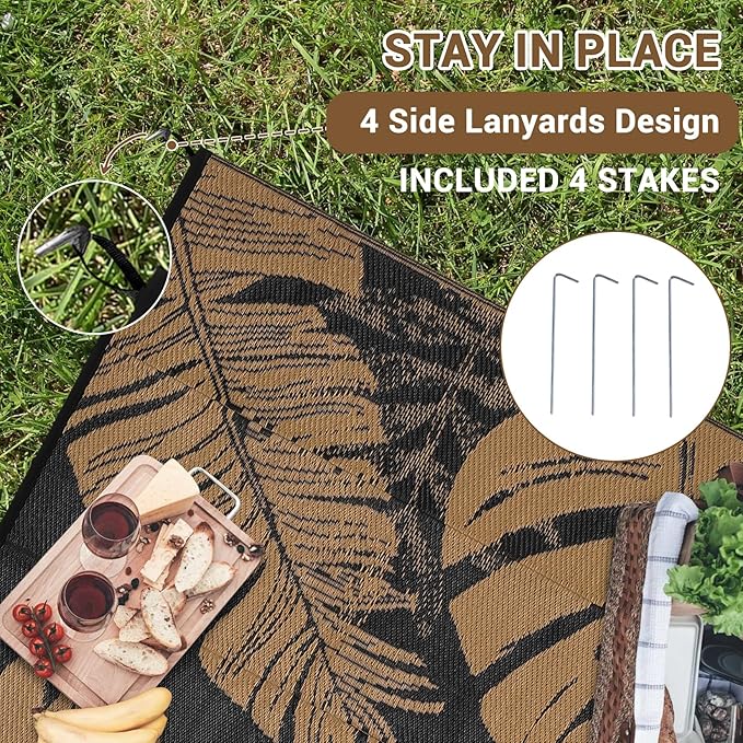 GAOMON Outdoor Rug Waterproof 9x12 Outdoor Plastic Straw Rug for Patio, Reversible Modern Camping Mat with Bag & Stakes, UV Resistant & Easy to Clean Carpet for RV, Deck, Balcony, Porch, Brown