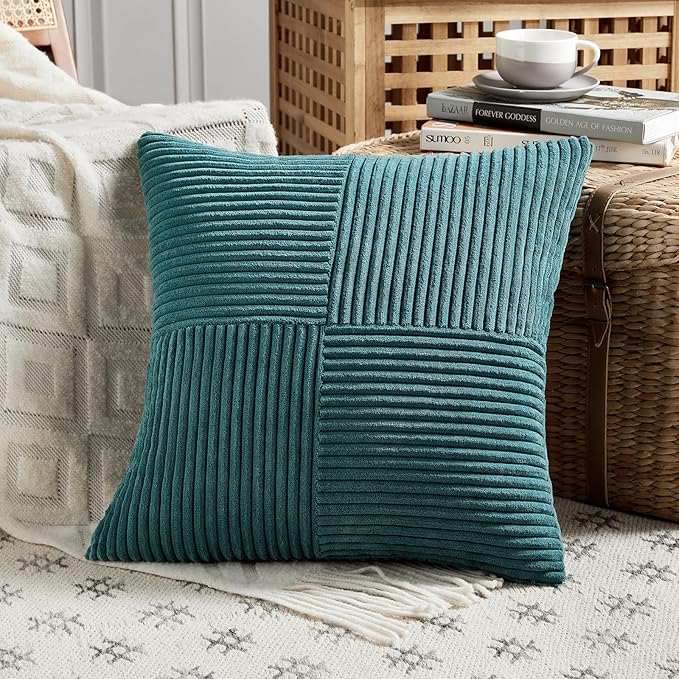 Fancy Homi 2 Packs Teal Euro Decorative Throw Pillow Covers 28x28 Inch for Couch Bed Sofa, Rustic Farmhouse Boho Home Decor, Soft Corss Corduroy Patchwork Textured Square Cushion Case 71x71 cm