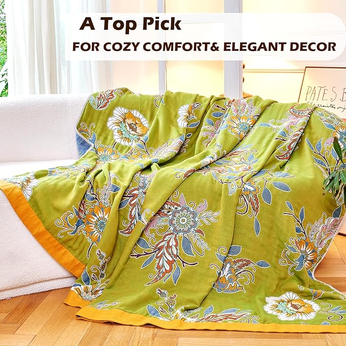 Boho Throw Blanket 80" x 90", 100% Organic Cotton Breathable Ultra Soft Bed Quilt Throw - All Season Luxury Floral Farmhouse Decor Blanket for Sofa Couch Chair and Gift. Green/Blue