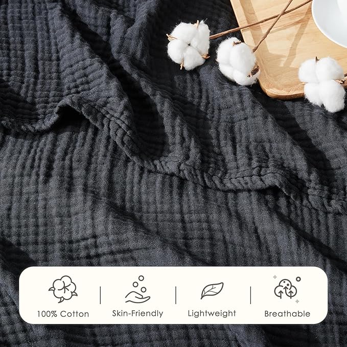 EMME Cotton Muslin King Blanket Bed Layering Breathable Gauze Blanket Soft Lightweight Blankets Adults (Black, 108"x90")