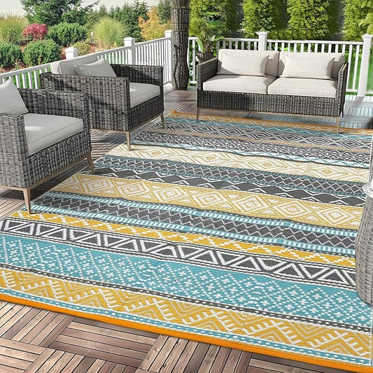 GAOMON Outdoor Rugs Patio Camping Waterproof Rug 6'x9' Plastic Straw Patio Rug Portable for Campers, Outside RVs Mat for Patios Clearance, Backyard Porch, Balcony, Teal/Yellow(Bohemia)