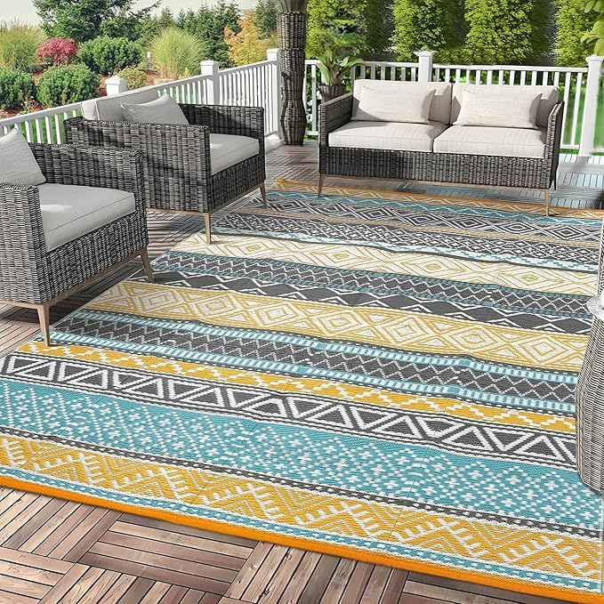 GAOMON Outdoor Rug Waterproof 8'x10', Reversible Outdoor Plastic Straw Rug, Boho Patio Rug, Indoor Outdoor Carpet, RV Mat Outside for Patio, Camp, Picnic, Balcony, Deck, Teal/Yellow(Bohemia)