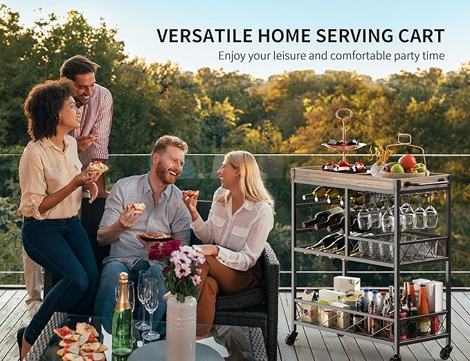 Gizoon Rolling Bar Cart, a Versatile Beverage Cart with a Removable Tray, 12-Bottle Wine Rack, and Glass Holder, The Bar Cart is Perfect for Kitchen, Dining Room, or Outdoor Use (Gray)