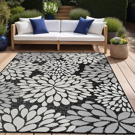 Beverly Rug Outdoor Rug 10x14 Modern Exotic Tropical Leaf Area Rugs for Indoor and Outdoor Patio Deck Porch Garden Water Resistant Washable Outside Carpet (10 x 14 Dark Gray)