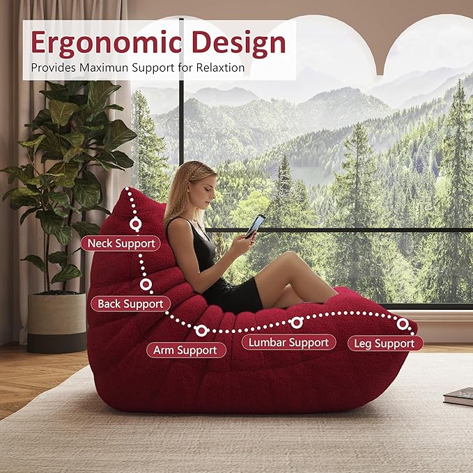 Bean Bag Chair, Oversized Bean Bag Chair for Living Room, Fireside Chair for Adults with Memory Foam Filled, Big Accent Sofa Lounge Floor Sofa for Gaming, Reading, No Assembly Required. (Burgundy)