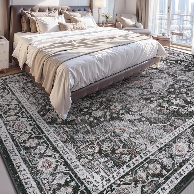 AMOAMI-3X5 Area Rug-Soft Washable Rugs for Living Room Bedroom -Non Slip Entryway Rug-Indoor Vintage Throw Rug Accent Rug for Living Room Laundry Room Kitchen Bathroom Bedside Dark Grey & Black