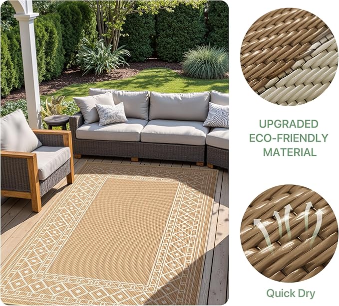 GENIMO Outdoor Rug Waterproof 6'x9' for Patio, Foldable Reversible Plastic Straw Carpet for Travel Trailers, Outside Area Mat for Rv, Deck, Picnic, Porch, Camper, Balcony, Beach, Brown & Beige