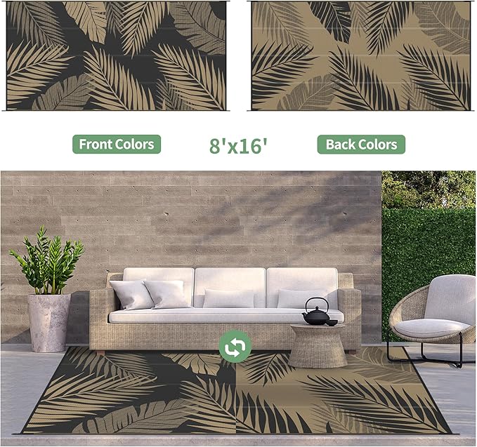 GENIMO Outdoor Rug 8' x 16' Waterproof for Patios Clearance, Reversible Outdoor Plastic Straw Camping Rug Carpet, Large Area Rugs Mats for RV, Camper, Deck, Balcony, Porch, Beach, Picnic, Black&Brown