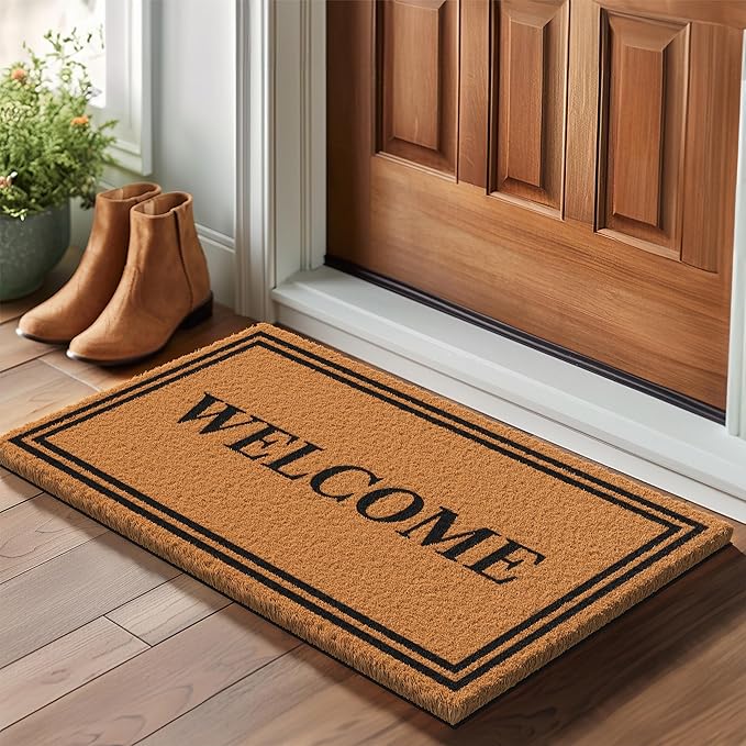Barnyard Designs Natural Coco Coir Heavy Duty Backing Doormat - Large Cute Non-Slip Front Door Welcome Mat for Outside Entrance or Porch Entry, Brown (17x30, Welcome)