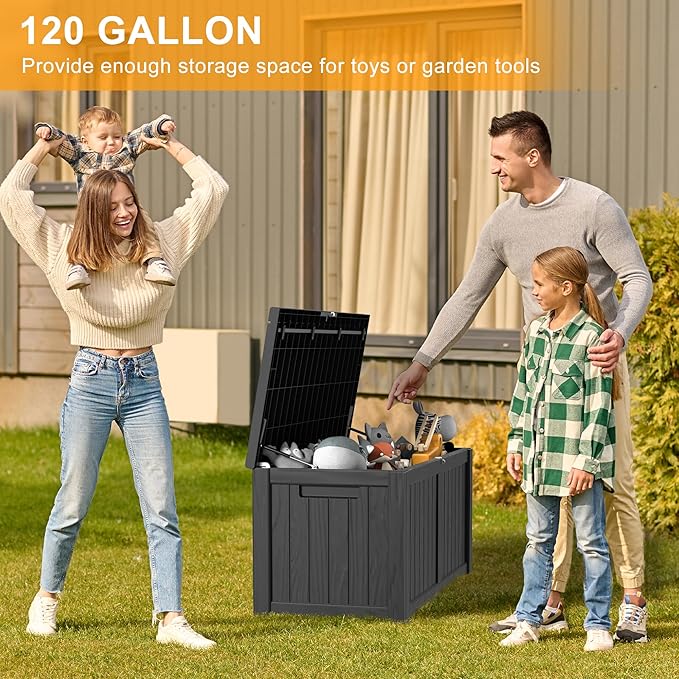 120 Gallon Deck Box,Resin Outdoor Storage Box with Lockable for Patio Furniture, Pool Accessories, Garden Tools Waterproof Outside Storage Box, Black