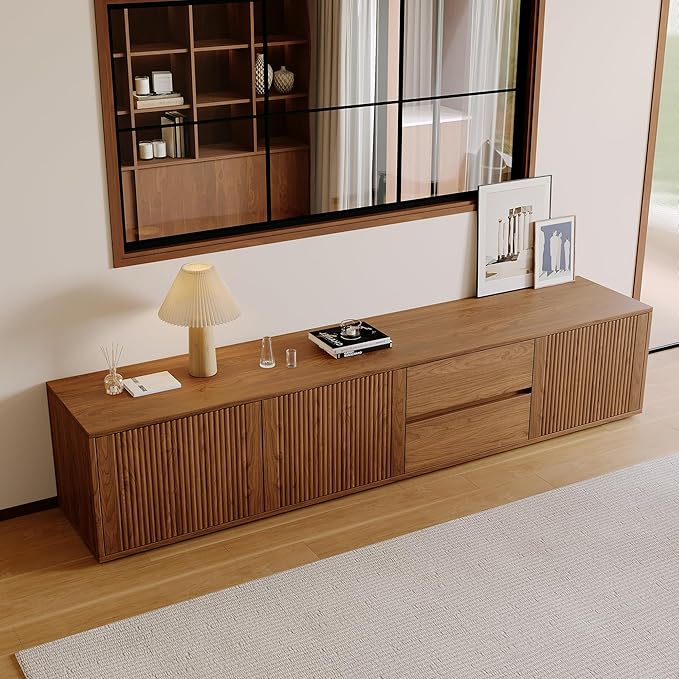 79" Mid-Century Modern TV Stand for Living Room, Farmhouse Entertainment Center with Storage & Drawers, Fluted Design Wood TV Console for Home Theater Office