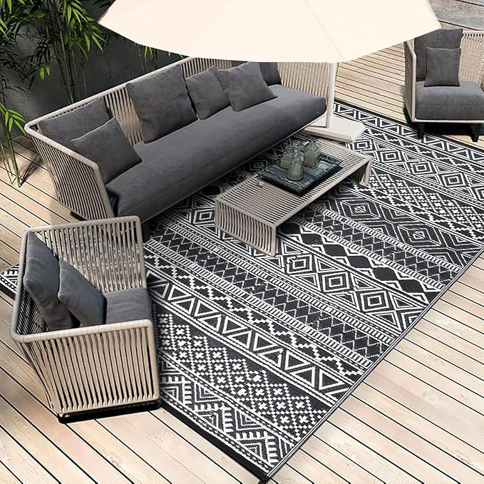 GAOMON Outdoor Rugs Patio Camping Waterproof Rug 6'x9' Plastic Straw Patio Rug Portable for Campers, Outside RVs Mat for Patios Clearance, Backyard Porch, Balcony, Black/White(Bohemia)