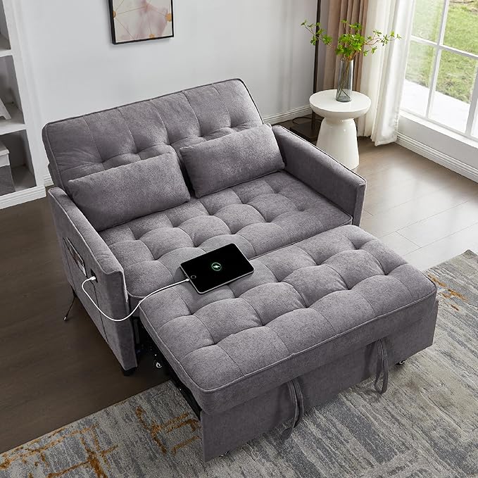 Convertible Sofa Bed, 3 in 1 Pull Out Couch, Loveseat Sleeper with Side Pocket, Living Room Sofa with Adjustable Backrest | USB Charging Port | Two Pillows | Towel Fabric | Dark Gray