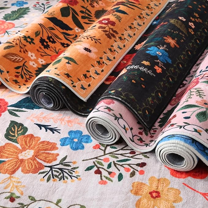 Door Mat Indoor Entrance 2x3 Rug Machine Washable Boho Floral Small Area Rug Non-Slip Low Pile Throw Rugs for Entryway, Kitchen, Front Door Indoor Entrance, Entry, Kids Room (Pink)