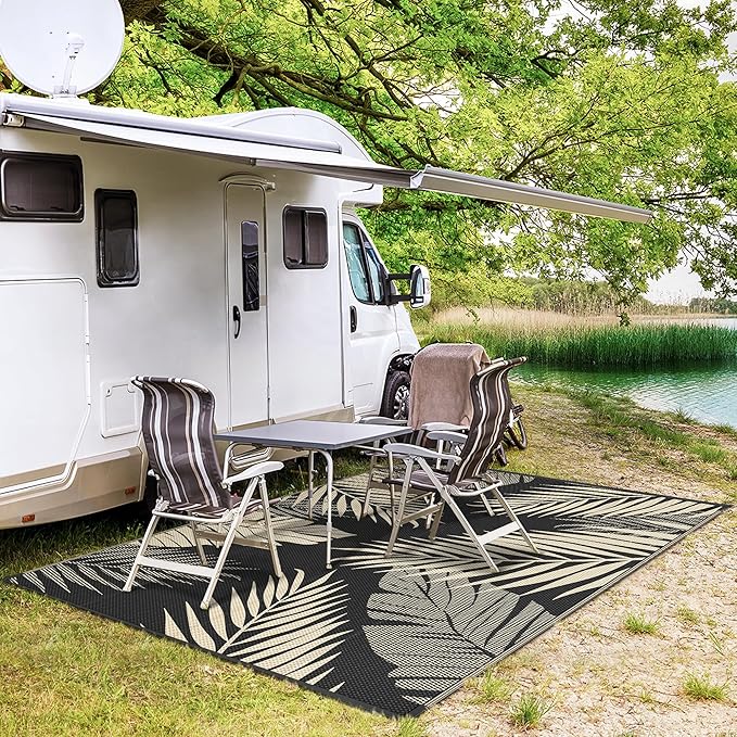 GENIMO Outdoor Rug 6' x 9' Waterproof for Patios Clearance, Reversible Outdoor Plastic Straw Camping Rug Carpet, Large Area Rugs Mats for RV, Camper, Deck, Balcony, Porch, Beach, Picnic, Black&Beige