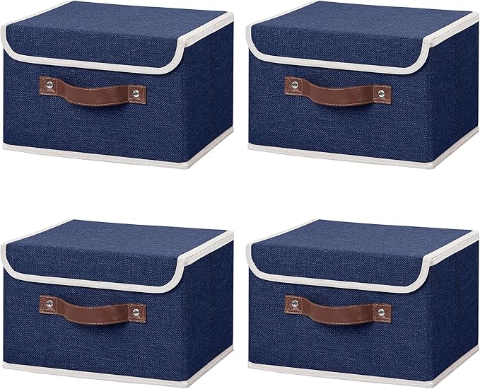 ANMINY 4PCS Storage Bins with Lid PU Leather Handles Storage Boxes PP Plastic Board Decorative Foldable Lidded Cotton Linen Fabric Home Cubes Baskets Closet Organizer Containers - Blue, Small Size