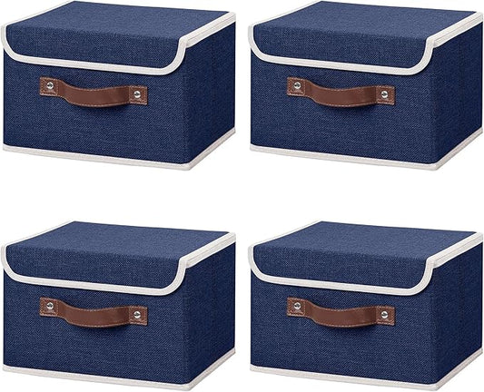 ANMINY 4PCS Storage Bins with Lid PU Leather Handles Storage Boxes PP Plastic Board Decorative Foldable Lidded Cotton Linen Fabric Home Cubes Baskets Closet Organizer Containers - Blue, Small Size